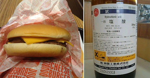 マクドナルドのチーズバーガーを塩酸に浸した結果…とんでもないことに