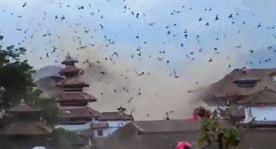 ネパール大地震発生の瞬間！一斉に飛び立つ鳥たち、砂ぼこりで青空が覆い尽くされる！！