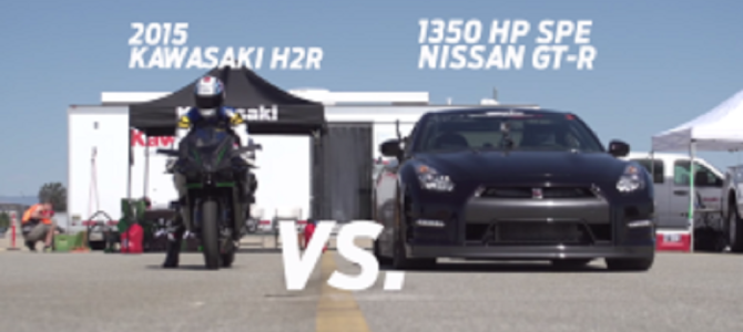 1350馬力チューンの日産「GT-R」 VS マン島最速のカワサキ「Ninja H2R」！勝負の行方は？！