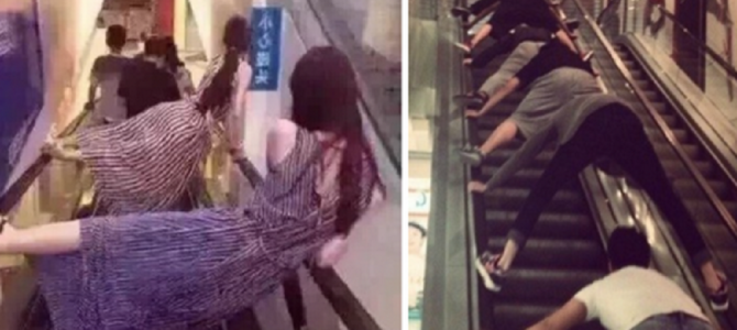 中国のエスカレーター床陥没事故を受け、様々な乗り方を試行錯誤する人々