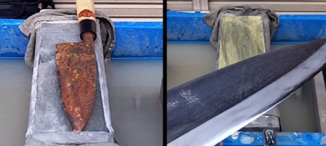 手作業だけで、ボロボロに錆びて、刃も欠けた出刃包丁がピッカピカに！