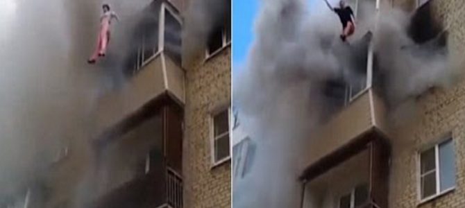 大火事のマンション5階から決死のダイブ！近隣住民が受け止める！